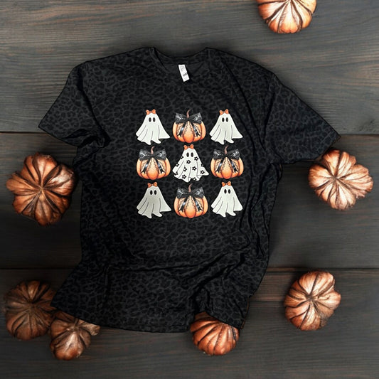 Black Leopard Halloween Ghost Pumpkin Coquette Bow T-Shirt