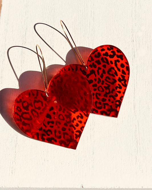 Drop Dangle Heart Earrings, leopard Drop Earrings,  Valentines Earrings,Red Heart Earrings, Gift For Her, Gift for friend